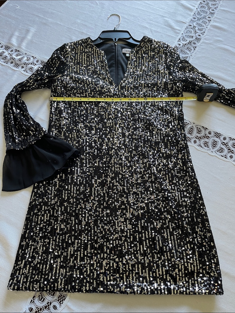 Calvin Klein Black Sequin V-Neck Mini Dress with Sheer Cuffs - Picture 5 of 10